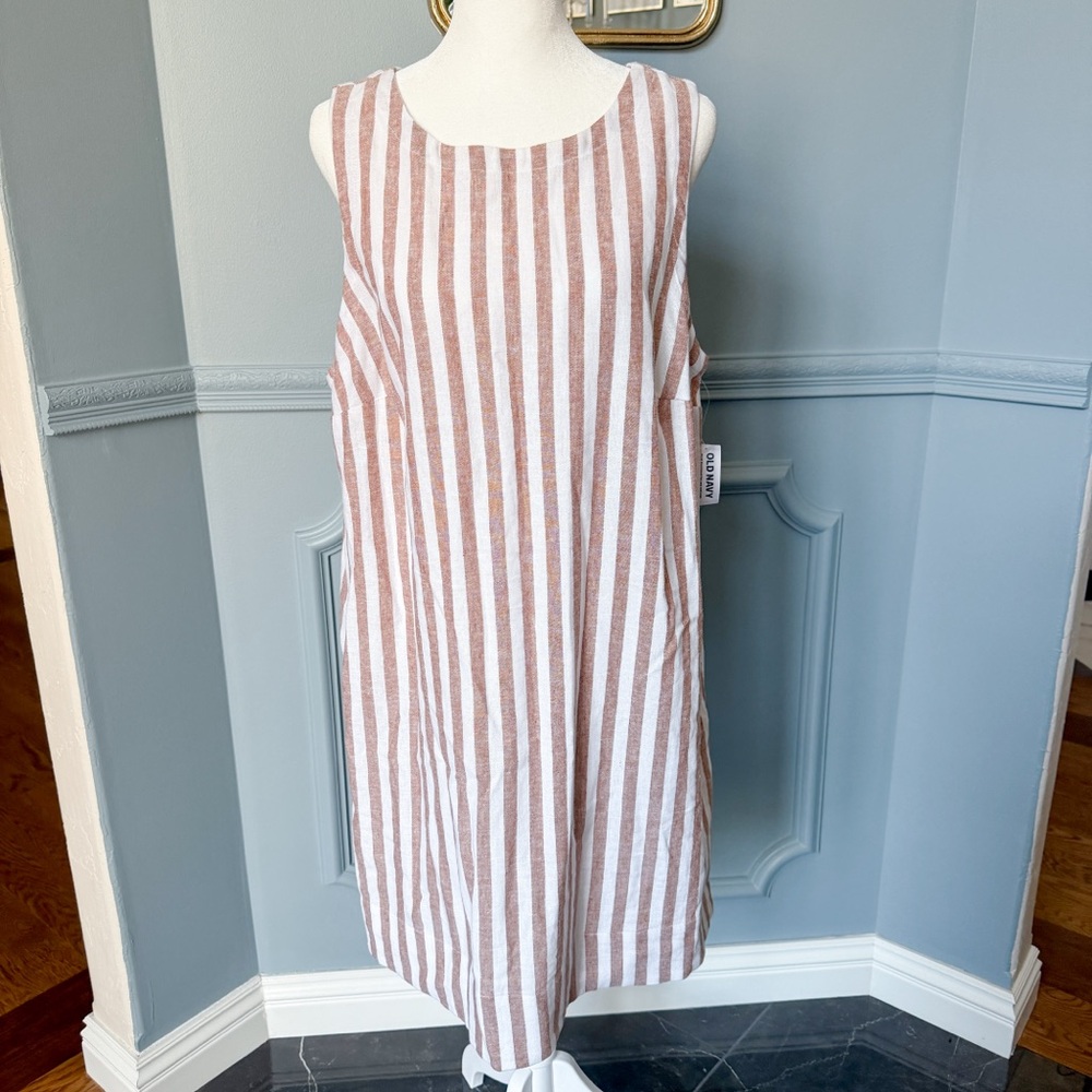 Tan and white striped sleeveless linen blend dress